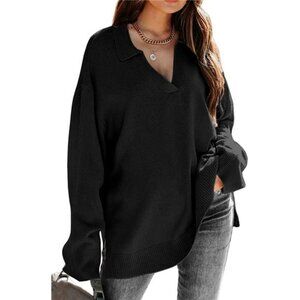 Women's V-Neck Oversized Sweater – Long Sleeve Collared Tunic Knit Pullover